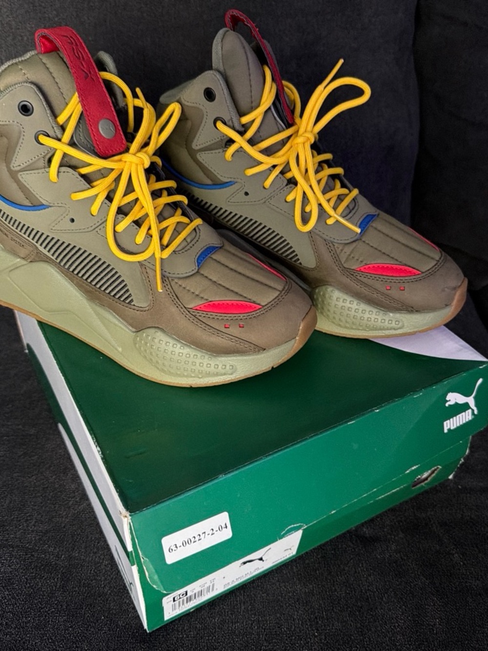 Puma kids Olive High-Top Sneakers with Yellow Laces and Red Accents